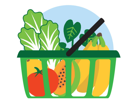 Stylized graphic illustration of fruits and vegetables in a shopping basket
